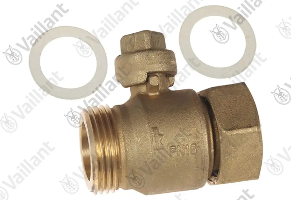 Vaillant Kugelhahn aus Messing mit einer Anschlussgröße, darunter zwei Dichtungen. Das Produkt zeigt die typische Bauform eines Armaturenteils für Wasserleitungen.